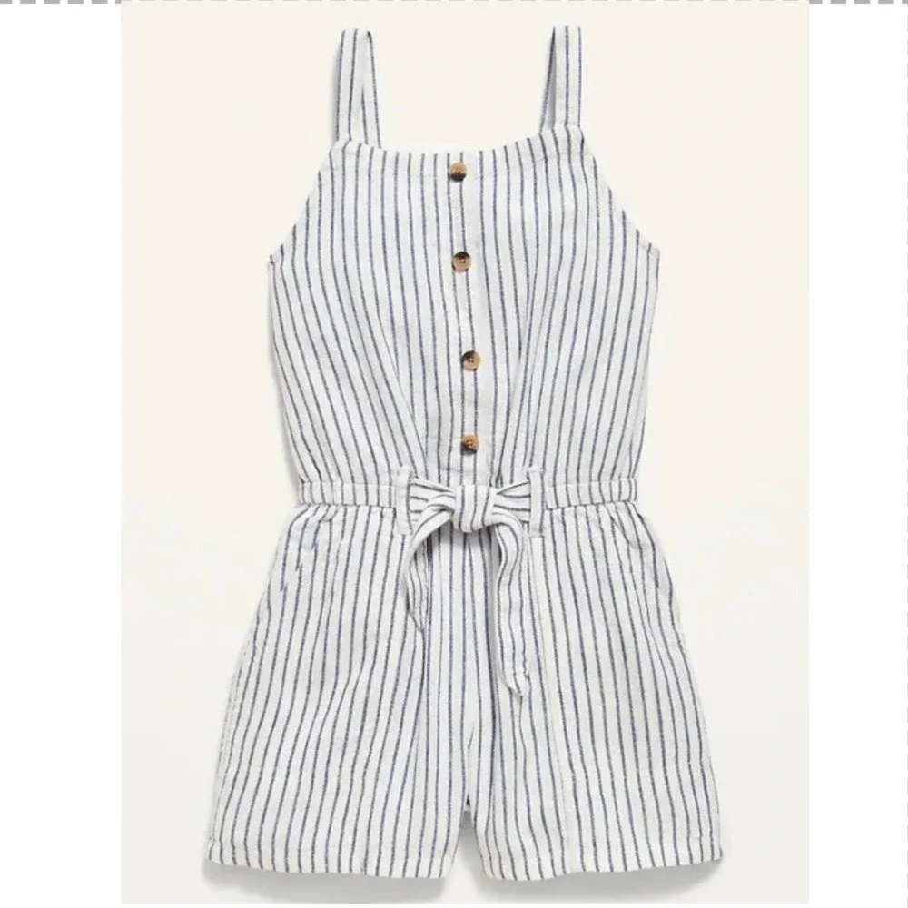 Old‎ Navy Striped Romper Girls XL 14-16 White Navy Blue Linen Blend Button Front